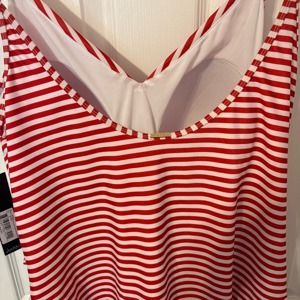 Nicole Miller Red and White Striped One Piece Swimsuit with Flattering Drapery - Picture 9 of 12